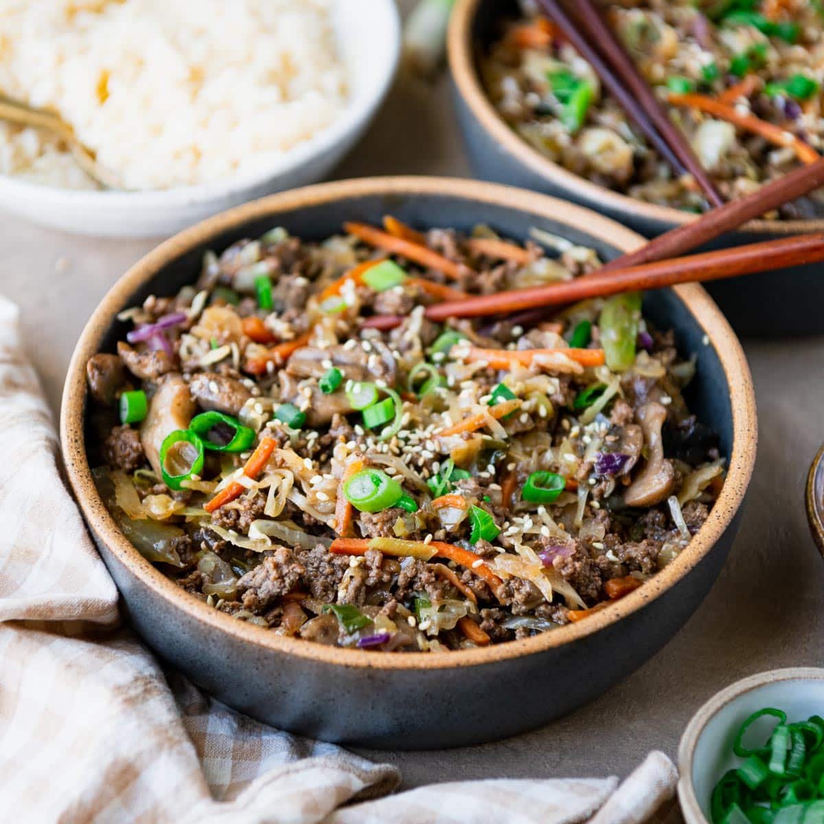 Square side shot of a bowl of easy ground beef stir fry.