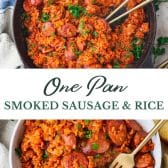 Long collage image of one pan smoked sausage and rice.