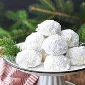 Square side shot of a platter of russian tea cakes