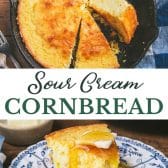 Long collage image of sour cream cornbread.