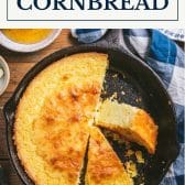 Sour cream cornbread in a skillet with text title box at top.