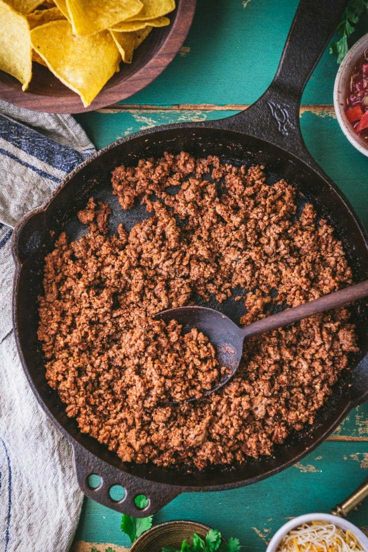 Cast iron skillet full of homemade taco meat.