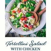 Tortellini salad with chicken and text title at the bottom.