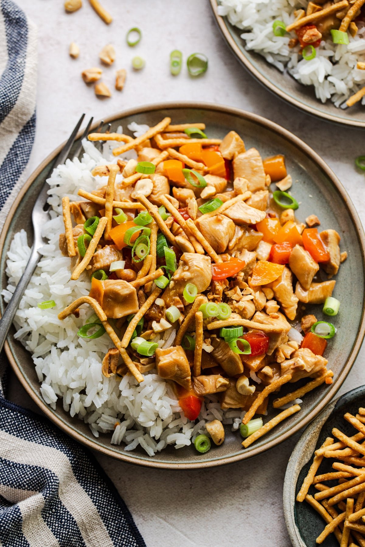 Overhead shot of chicken bell pepper stir fry with rice.