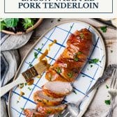 Bacon wrapped pork tenderloin with text title box at top.
