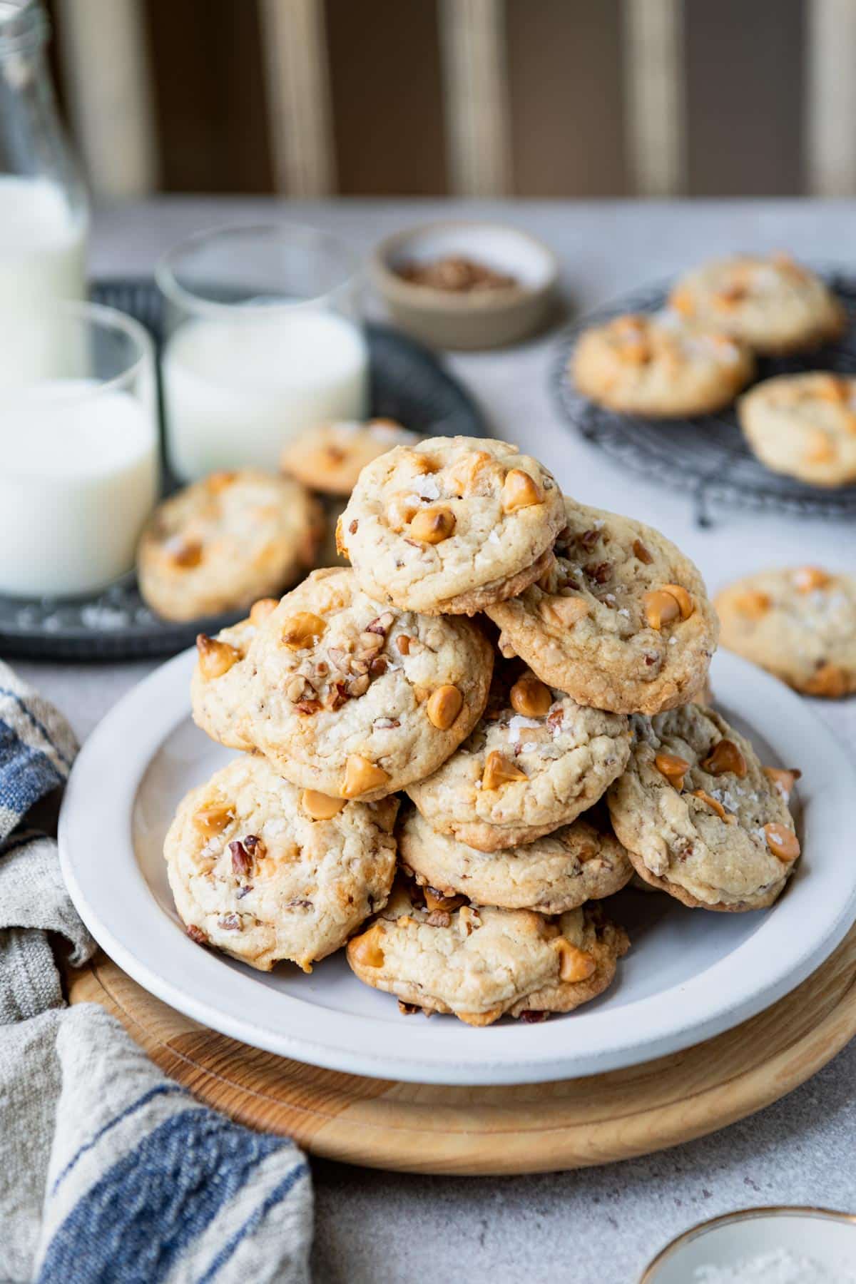 Plate of salted butterscotch cookies with pecans.