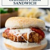Chicken parmesan sandwich with frozen chicken patties and text title box at top.