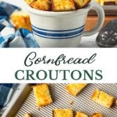 Long collage image of cornbread croutons.