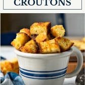 Cornbread croutons with text title box at top.