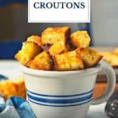 Cornbread croutons with text title overlay.