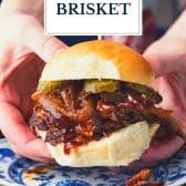 Crock pot brisket with text title overlay.