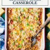 Dump and bake chicken chili casserole with text title box at top.