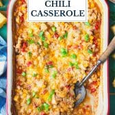 Dump and bake chicken chili casserole with text title overlay.