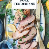 Grilled pork tenderloin with text title overlay.