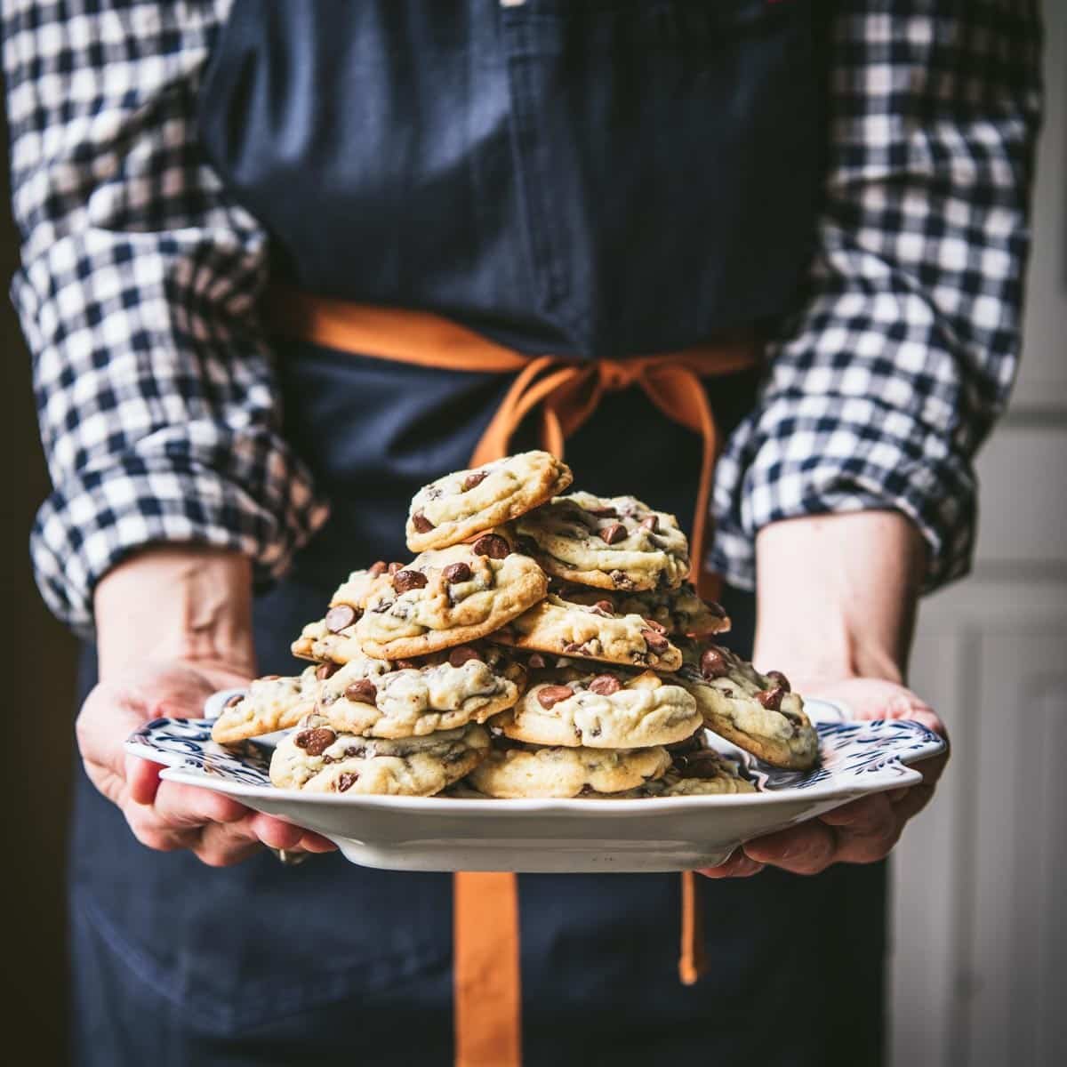 Square side shot of a woman in a navy blue apron holding a tray of sea salt chocolate chip cookies.