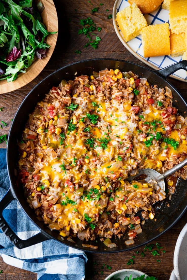 Texas hash with ground beef and rice in a pan.