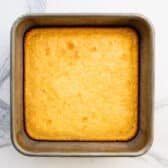 Pan of baked cornbread.