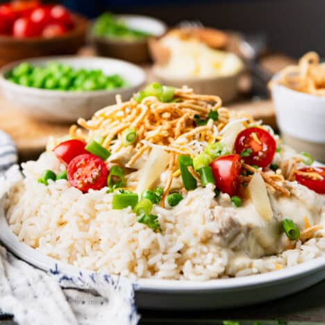 Square side shot of a plate of the best Hawaiian haystacks recipe.