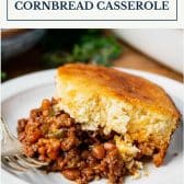 BBQ ground beef cornbread casserole with text title box at top.