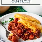 Chili dog casserole with text title box at top.