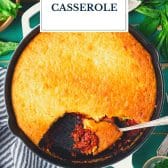 Chili dog casserole with text title overlay.