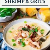 Creamy shrimp and grits with text title box at top.