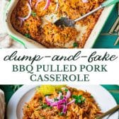 Long collage image of dump and bake pulled pork casserole.