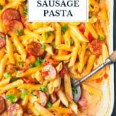 Dump and bake cajun sausage pasta with text title overlay.