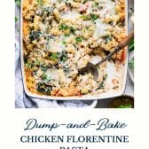Dump-and-bake chicken florentine pasta with text title at the bottom.