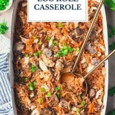 Dish of dump and bake egg roll casserole with text title overlay.