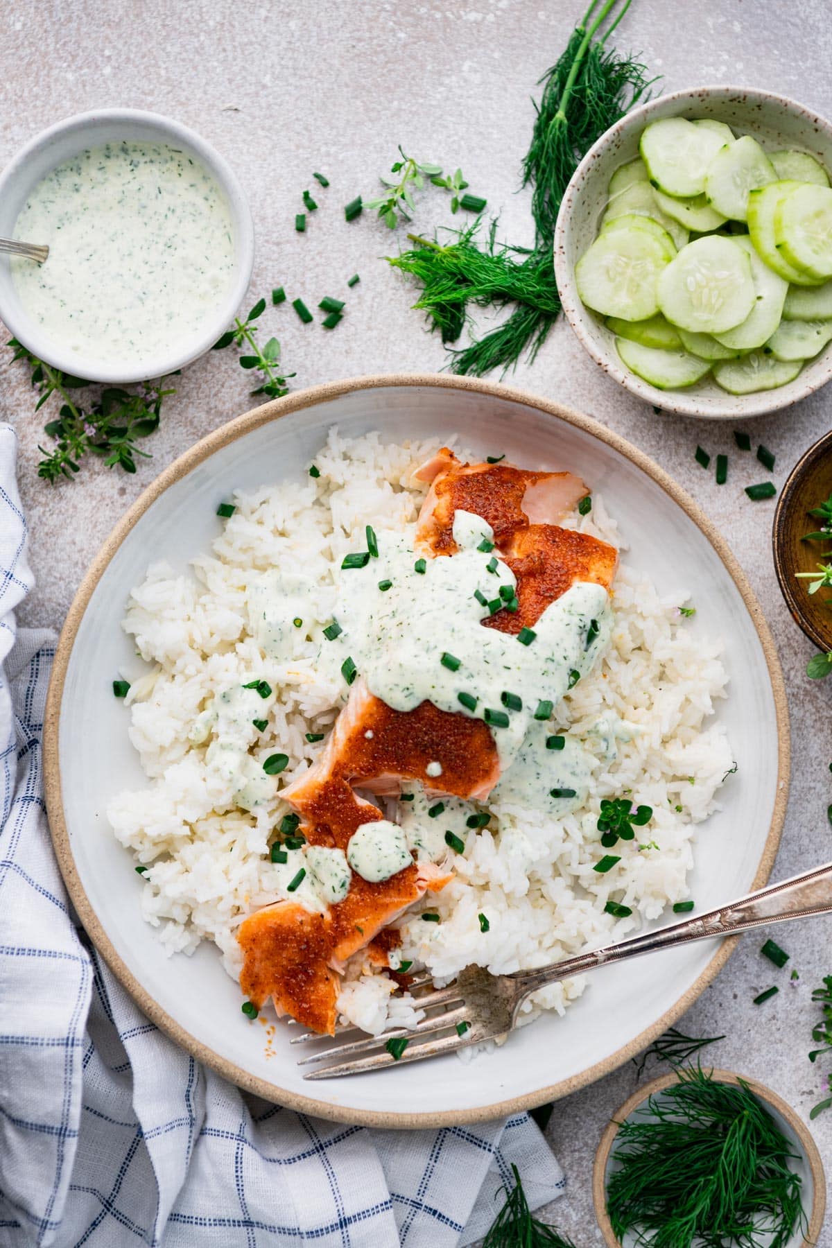 Overhead image of baked salmon with old bay and rice.