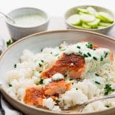 Close up side shot of old bay salmon with dill sauce on top.