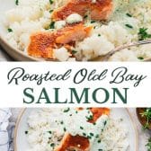 Long collage image of roasted Old Bay salmon with creamy dill sauce.