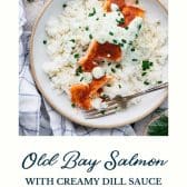 Old bay salmon with creamy dill sauce and text title at the bottom.
