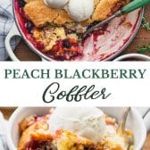Long collage image of peach blackberry cobbler.