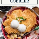 Peach blackberry cobbler with text title box at top.
