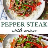Long collage image of pepper steak with onion.