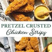 Long collage image of pretzel crusted chicken strips.