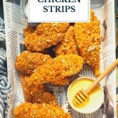 Pretzel crusted chicken strips with text title overlay.
