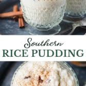 Long collage image of southern rice pudding recipe easy.