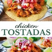 Long collage image of tostadas de tinga (chicken tostadas).