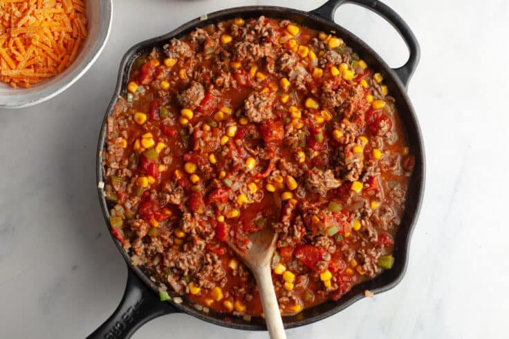 Beef and sauce mixture before adding the rice.