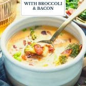 Beer cheese soup with bacon and broccoli and text title overlay.