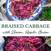 Long collage image of braised cabbage with apples, bacon, and onion.