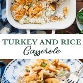 Long collage image of leftover turkey rice casserole.