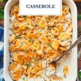 Leftover turkey rice casserole with text title overlay.