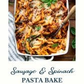 Penne pasta bake with text title at bottom.