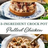 Long collage image of 3-ingredient crock pot pulled chicken.
