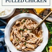 3-ingredient crock pot pulled chicken with text title box at top.