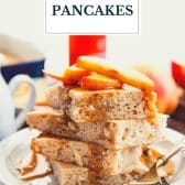 Stack of baked apple pancakes with text title overlay.